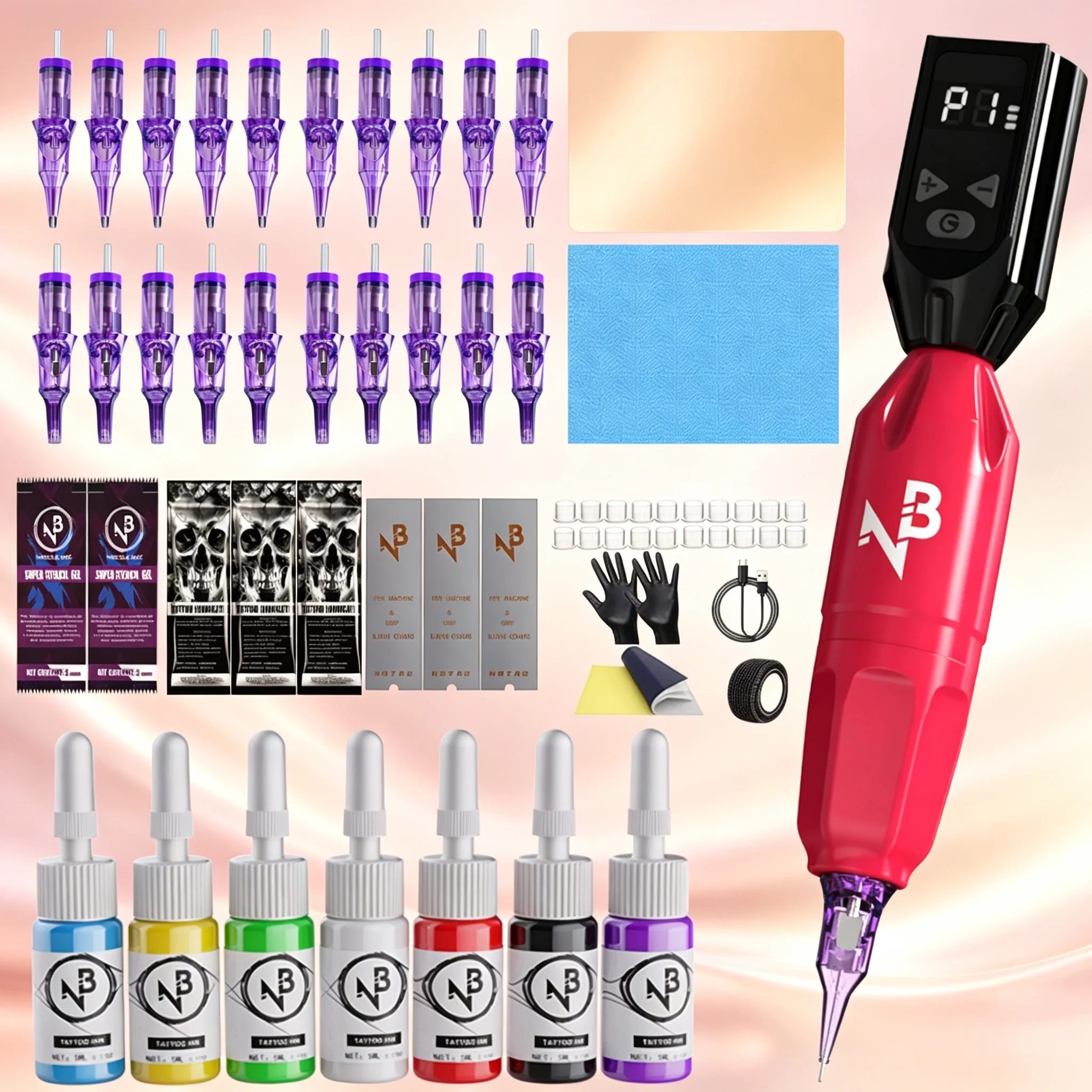 Wireless Rotary Tattoo Pen Machine Kit 1100Mah Integrated Power All in One Complete Tattoo Supplies Mixed Cartridge Needles Multicolor Tattoo Ink Practical Tattoo Tool Set for Beginners Professional Tattoo Practitioners