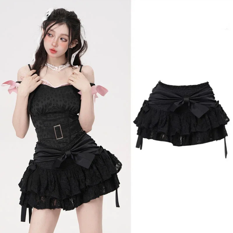 

Black Bow Mini Fluffy Skirt Women Slim Sexy Cake Skirt Female Irregular Hem Shorts Awkwardness Korean Fashion Punk 2024 Summer