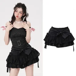 Black Bow Mini Fluffy Skirt Women Slim Sexy Cake Skirt Female Irregular Hem Shorts Awkwardness Korean Fashion Punk 2024 Summer