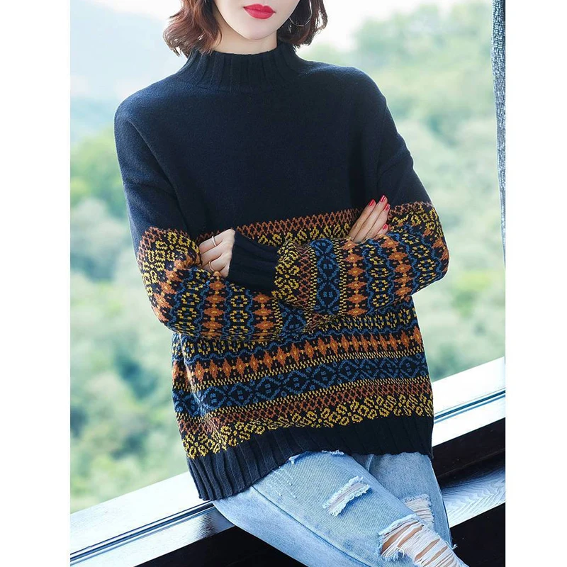 Women Vintage Ethnic Style Jacquard Knitted Sweaters Autumn Winter Korean Fashion Half High Collar Long Sleeve Tops Loose Jumper