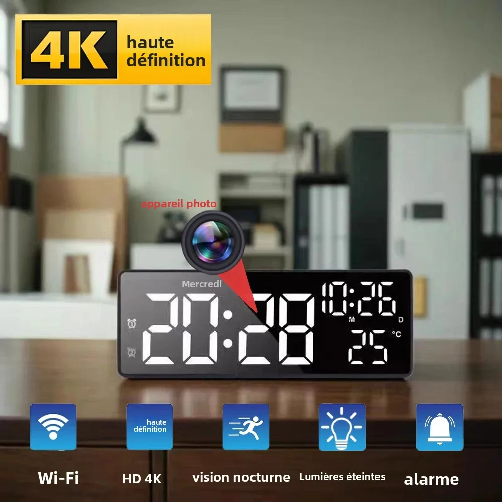 Mini caméra HD4K avec horloge, visualisation à distance, détection de mouvement, lumière numérique réglable, fonction d'alarme, caméra miniature pour la maison