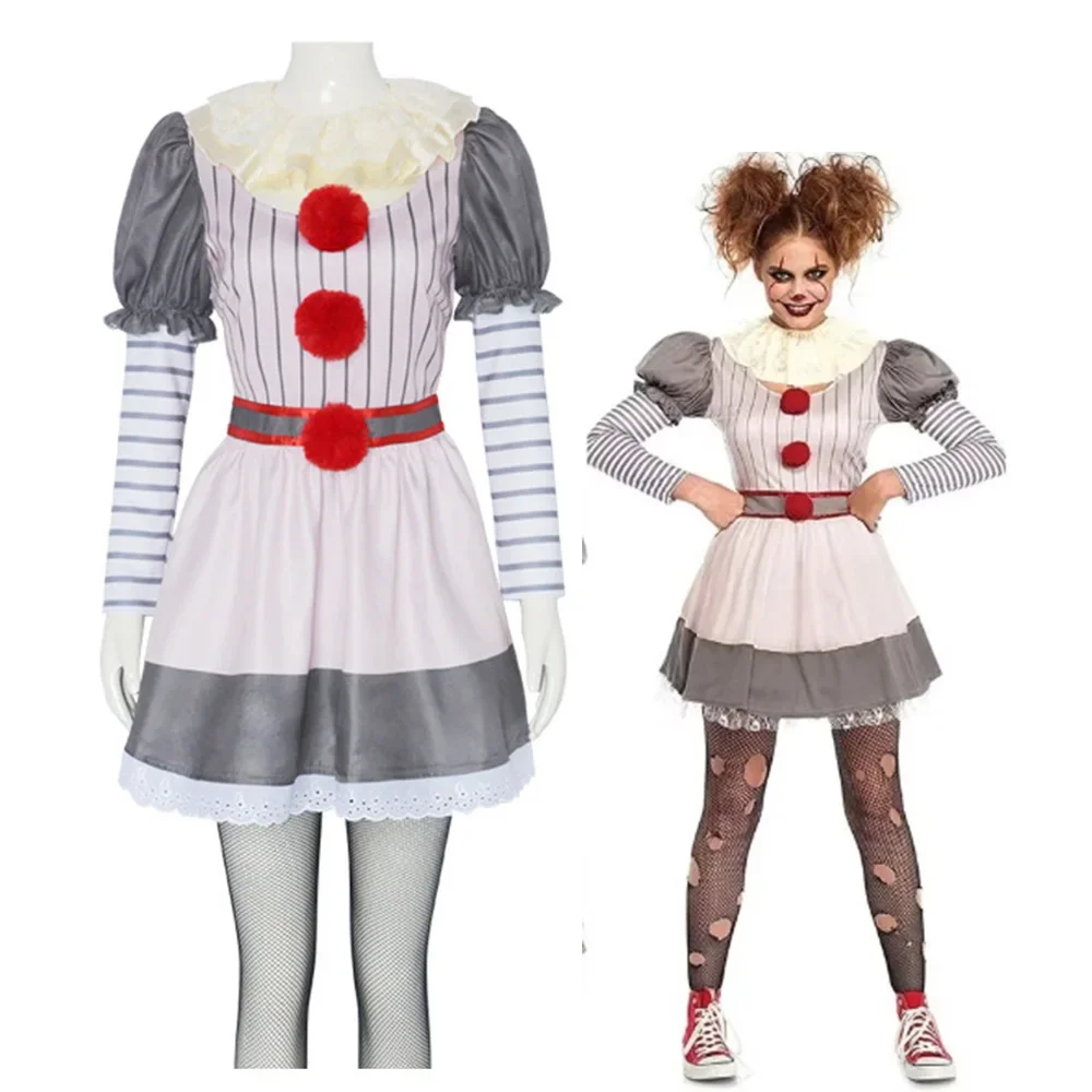 Disfraz de payaso asesino espeluznante para Halloween, disfraz de fiesta de Horro, vestido blanco, juego de rol aterrador, Carnaval, traje de pantalón Pennywise para mujer, accesorio