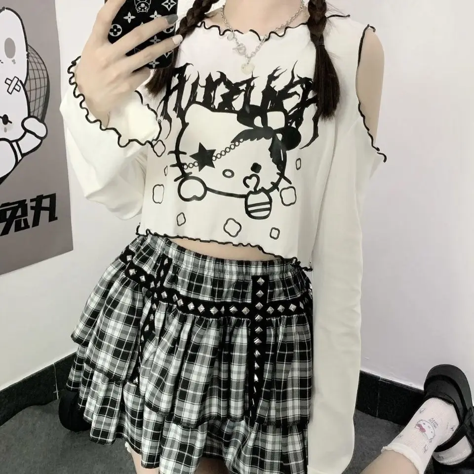 TAKARA TOMY Spring and Summer Hello Kitty Girl New Dark Loose Cartoon Print Short Long-sleeved Horn-sleeved Leaking Shoulder Top