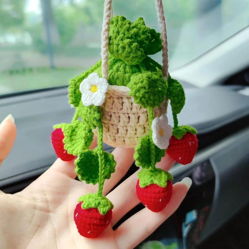 NOWY Wiszący kosz na rośliny samochodowe, wisząca roślina truskawkowa do dekoracji samochodu, ozdoby samochodowe Charms do lusterka wstecznego — zdjęcie 4