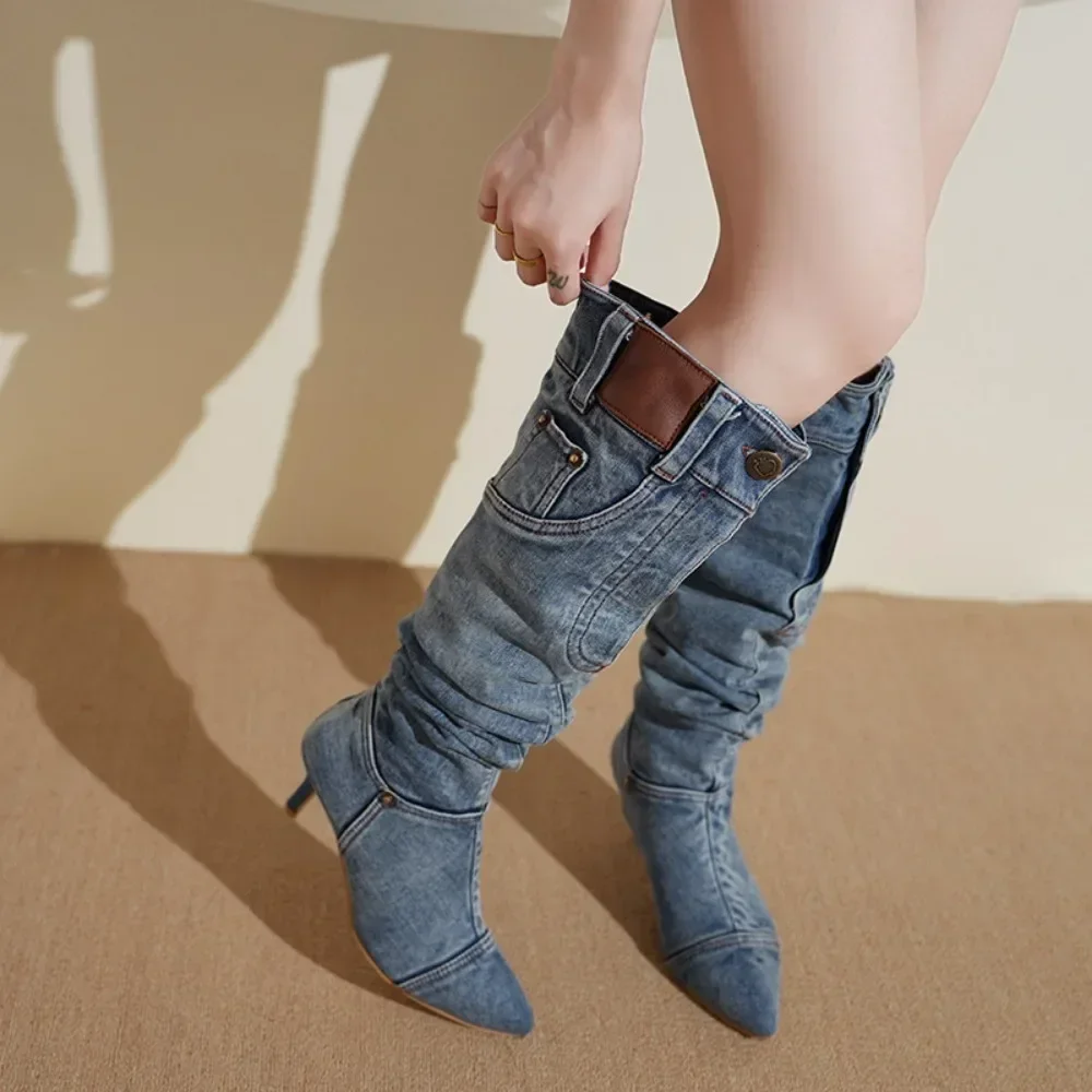 Thigh High Boots 2024 Vintage Denim Boots for Women with Slim Heels Pointed Toe Long Boots Womens Shoes Jean Shoes for Women