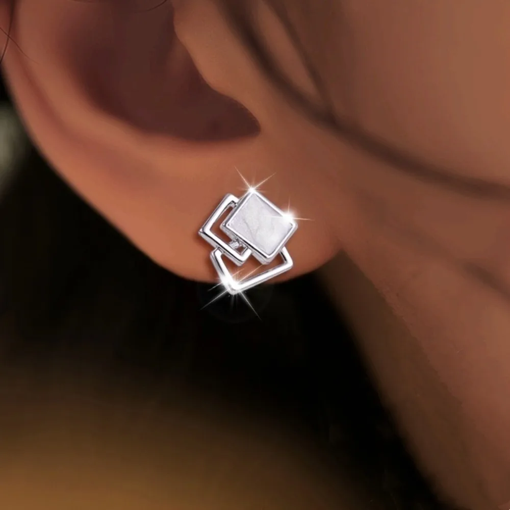 Minimalist Fashion Stainless Steel Silver Color Geometric Square White Shell Stud Earrings for Women Hypoallergenic Jewelry Gift