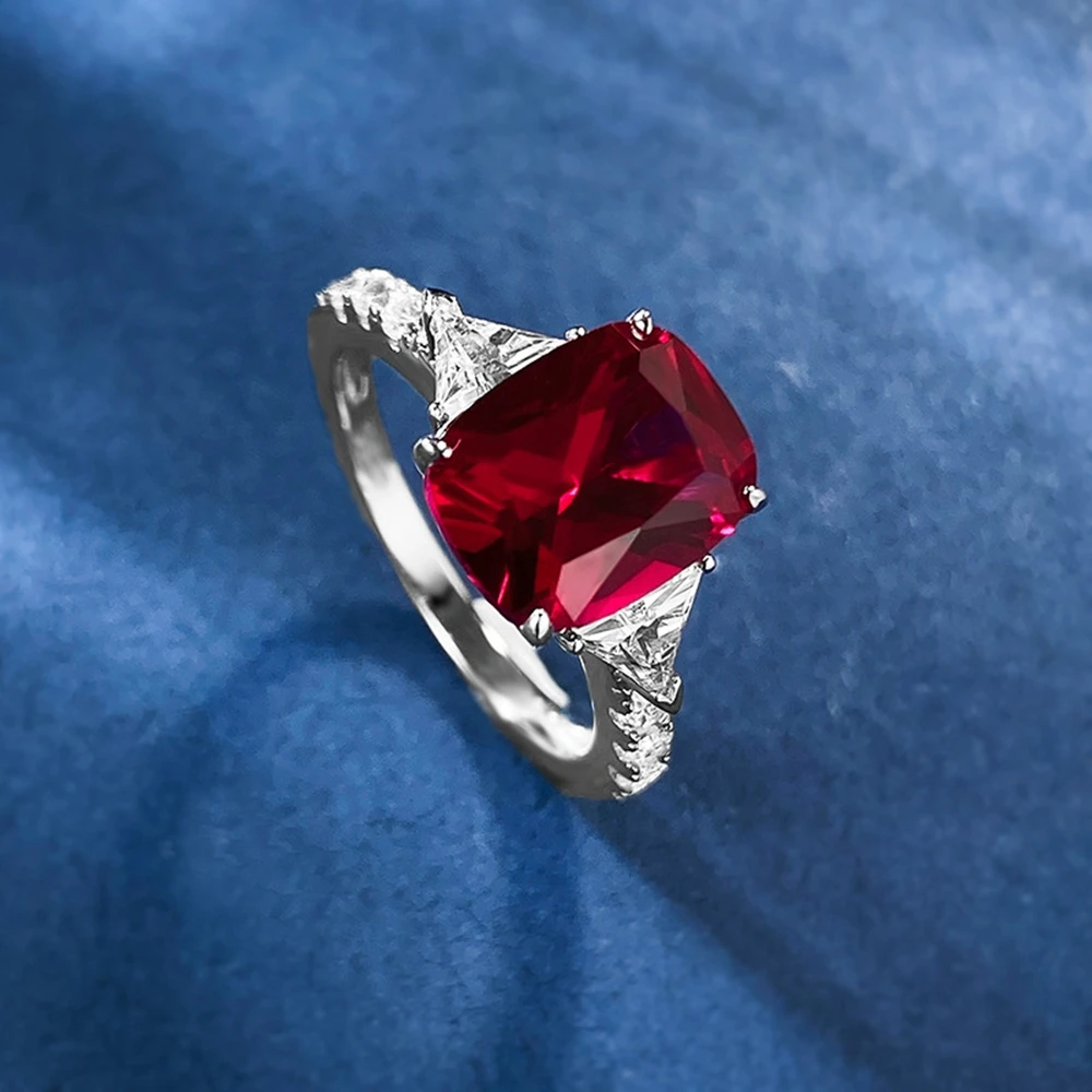 Vinregem 8*10 MM Ruby High Carbon Diamond Gemstone Vintage 100% 925 Sterling Silver Ring for Women Wedding Engagement Jewelry