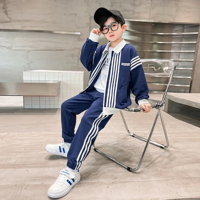 Boys Suit Coat +Pants Cotton 2Pcs/Sets 2023 Navy Blue Spring Autumn Sports Sets Windproof Thicken Children Clothing