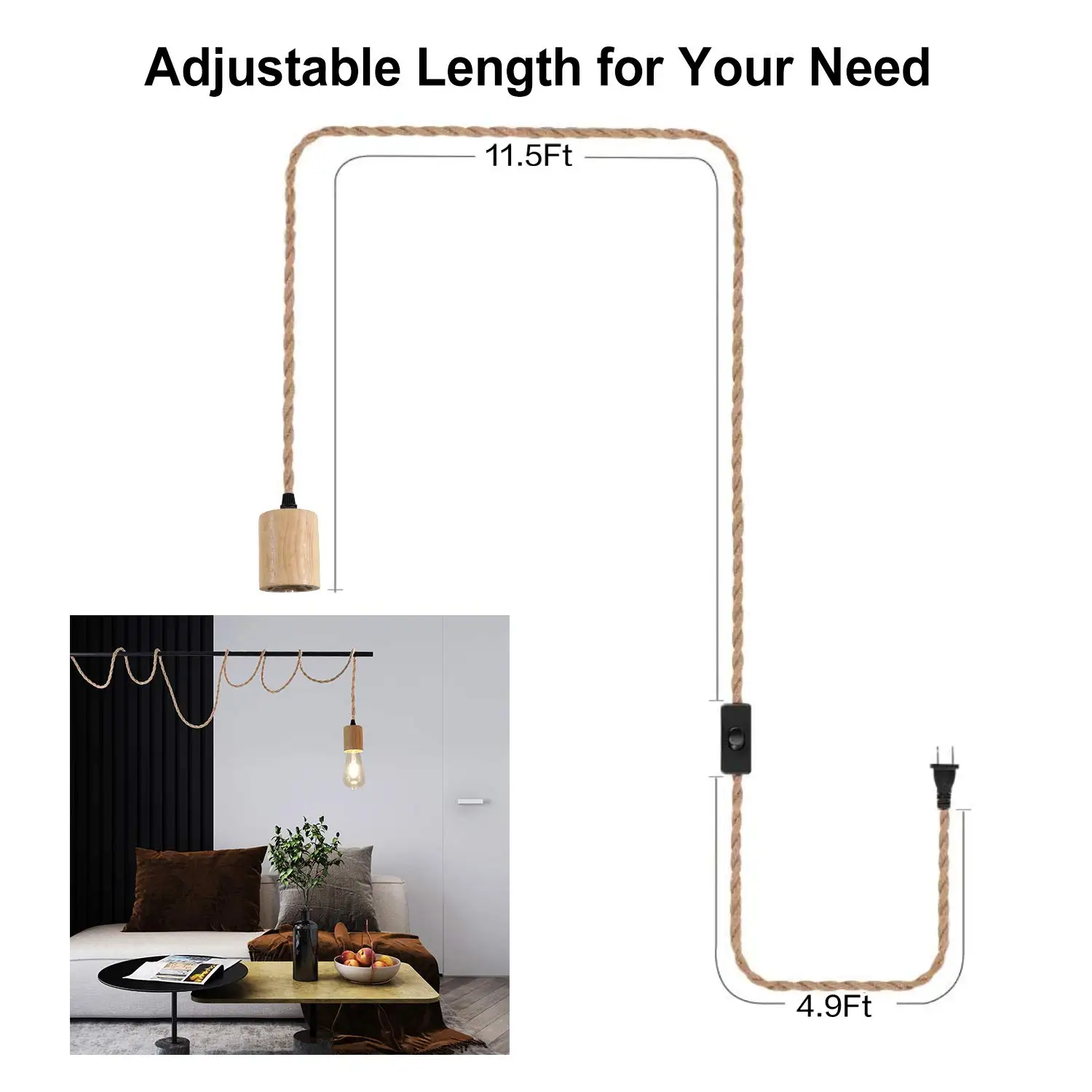 Wood Pendant Light Cord Kit with Switch,23FT Vintage Industrial Hang Lamp Cord Twisted Lights Socket E26 E27 for Home Lamp Cable