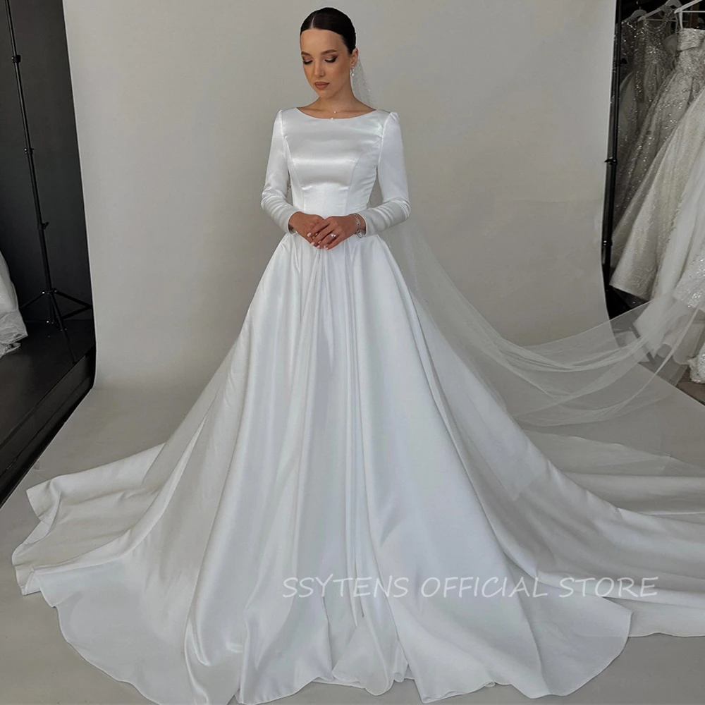 Israel New Arrivals Wedding Dresses Elegant Satin Princess Long Sleeves Bride Bridal Gowns Dress A Line Queen Vestido De Noiva