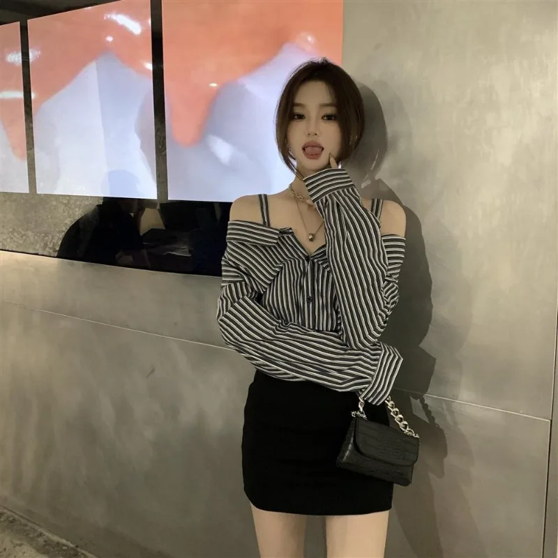 Korean Fashion One Shoulder Dress Autumn Stripe Long Sleeved Shirt Panel Wrapped Hip Fake Two Piece Dresses Female Clothing