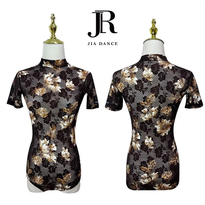 

Customized Latin Dance Suit High Collar Mesh Short Sleeve Top Color Perspective Jumpsuit Practice Clothes for Women