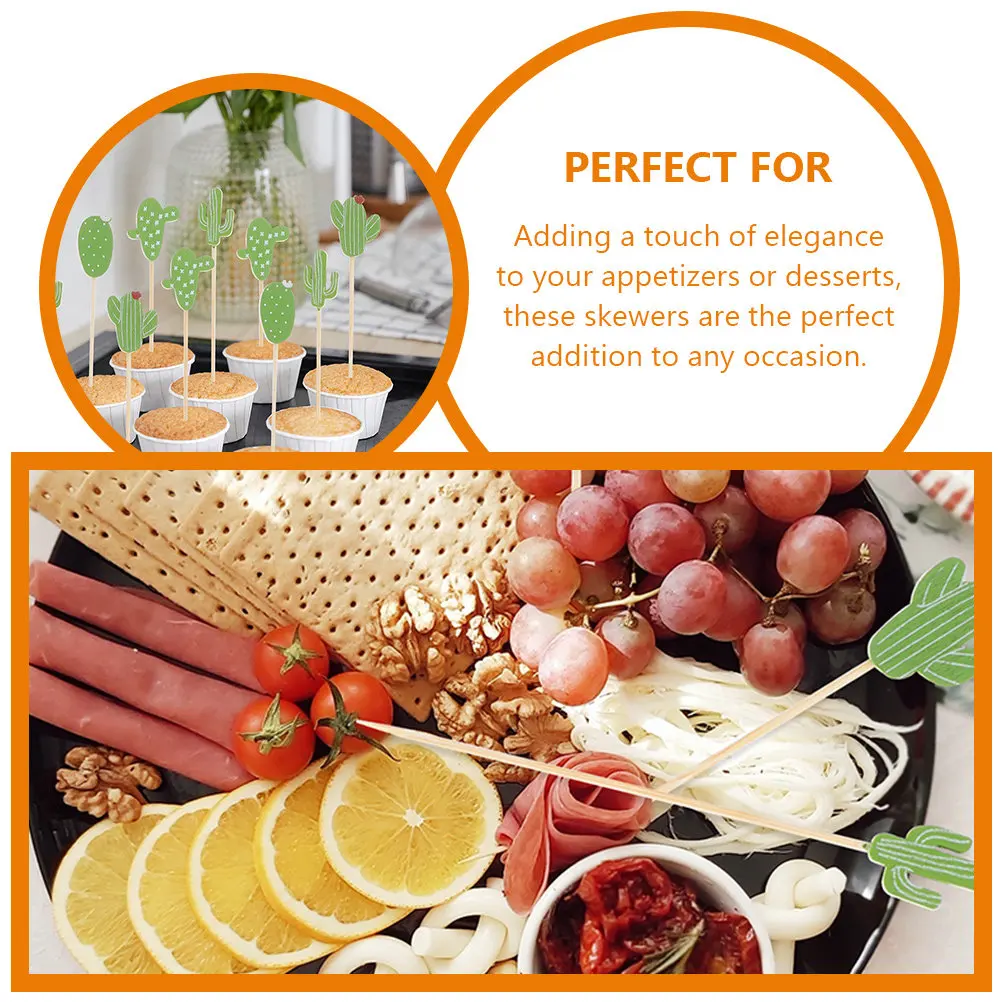 2Packs Cactus Topper Food Picks Bamboo Fruit Skewers for Sandwiches Burgers Cheese Cakes Party Gathering Summer Dessert Tasting