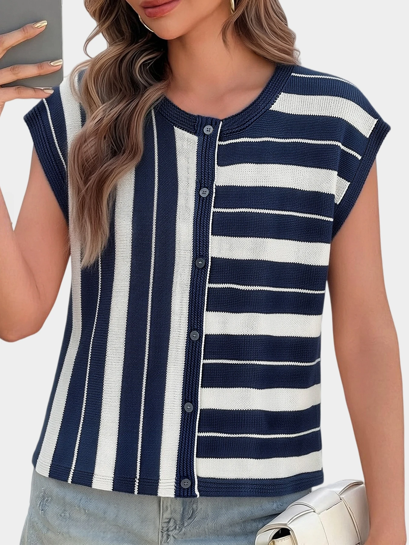 

Ladies' Spring/Summer Fashion Casual Commuting Daily Shopping Button Round Neck Stripe Contrast Knitted Short Sleeve Cardigan