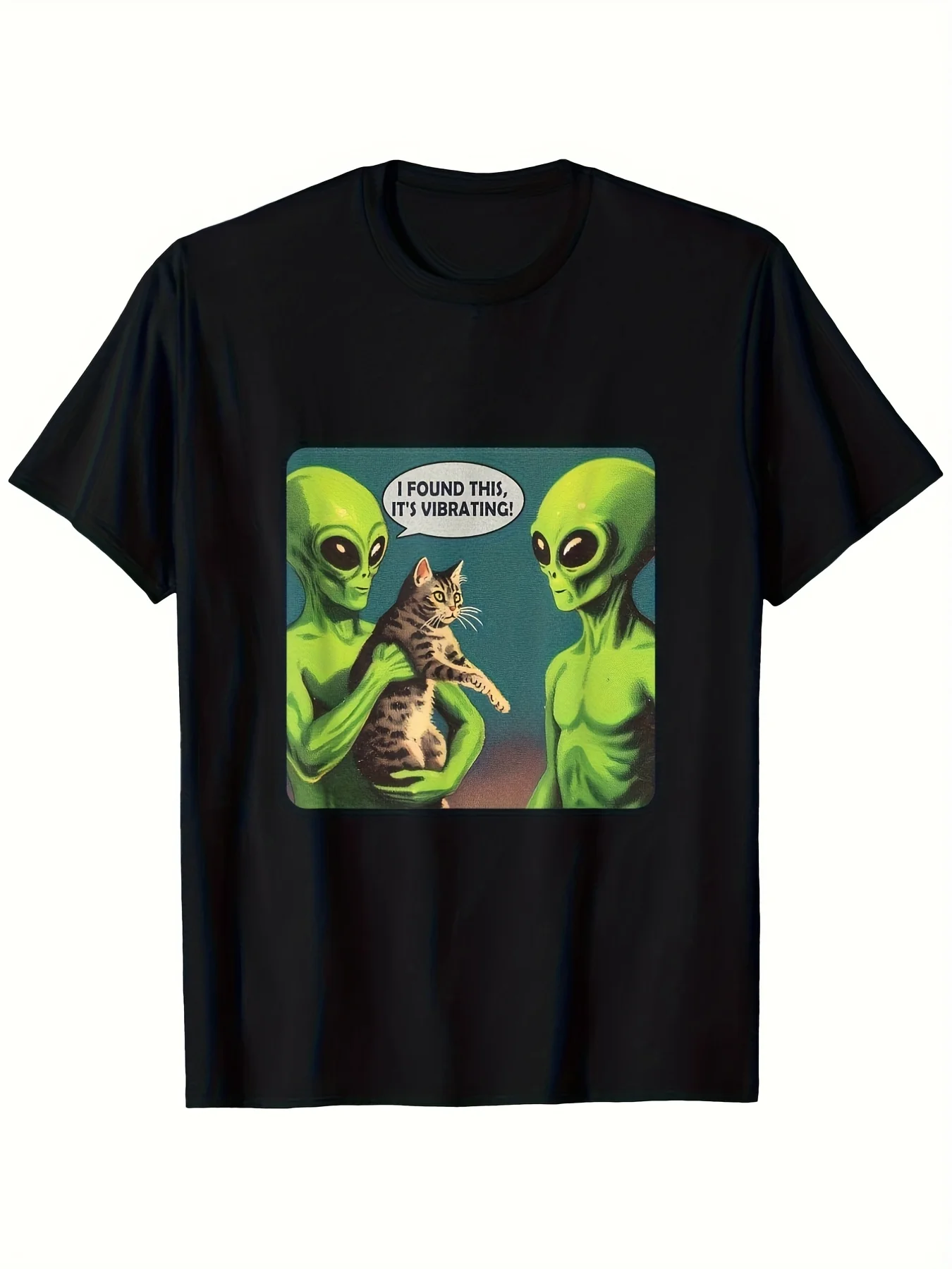 1pc Men's Funny Alien Cat Graphic TShirt Retro HipHop I Found This Design Black Regular Fit Casual Tee Machine Washable Novelty Gift for Friends Family Everyday Tee Quirky Style CoRetro Casual Short-sleeved T-shirt with a Round Neck and Printed