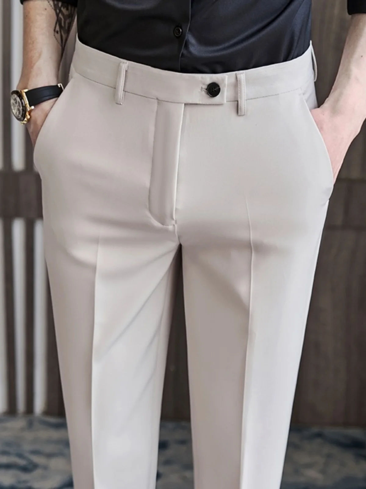 

Summer Busin Men's Suit Pants Slim Fit Casual Nine Points No Ironing Required Faionable Urban Sle Pure Color
