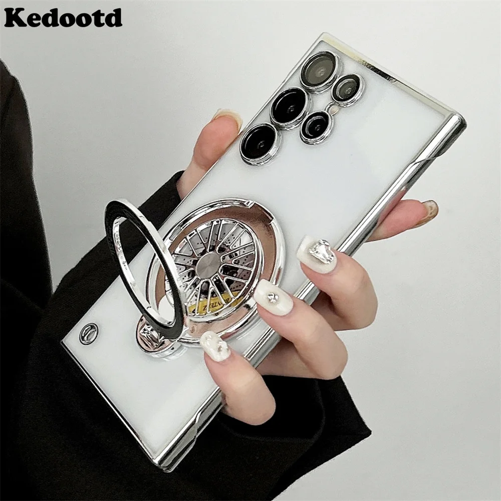 Ultra-Thin Plating Frameless Armor Magnetic Case For Samsung Galaxy S24 Plus S23 S22 Ultra Rotating Gyroscope Clear Stand Cover