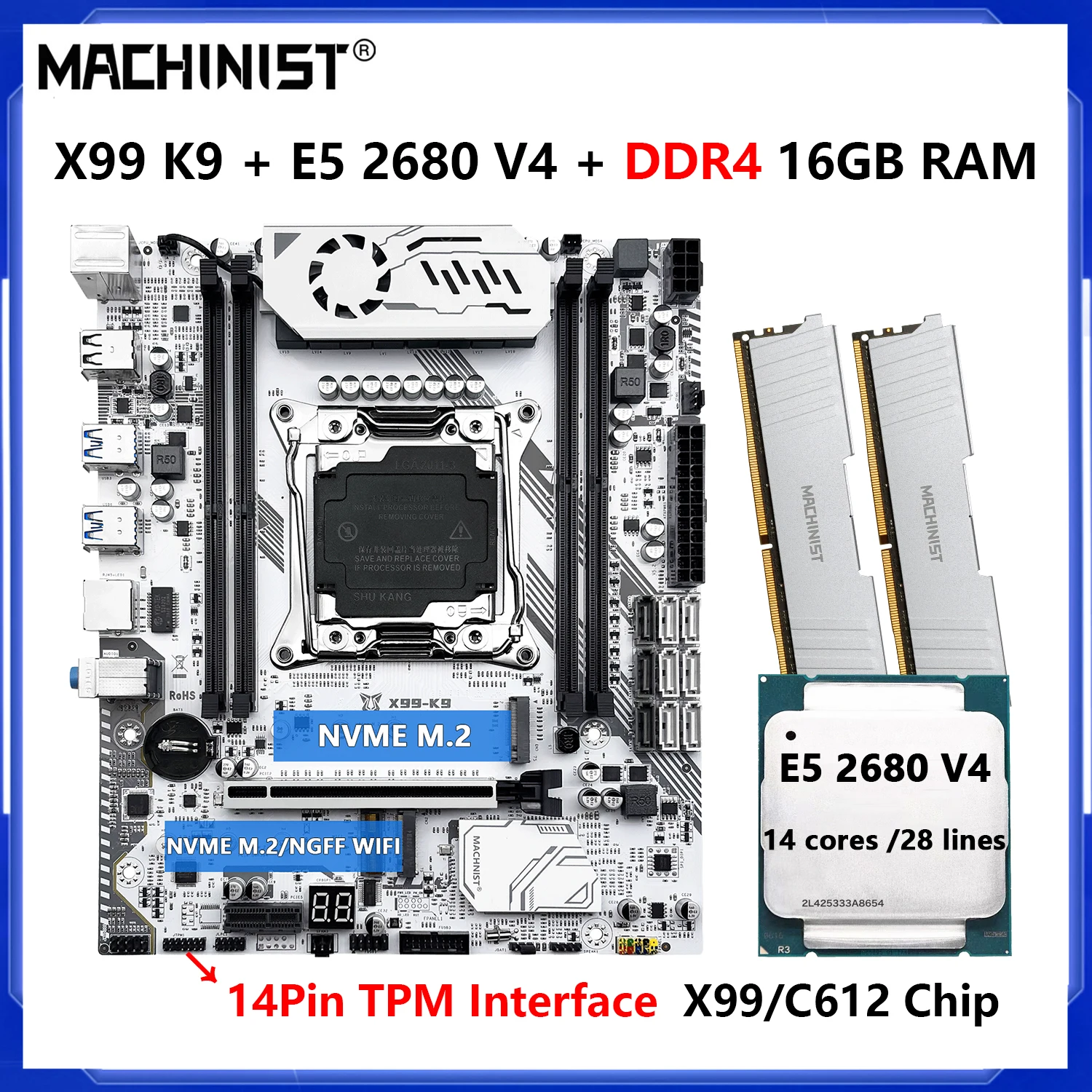 

Комбинированная материнская плата MACHINIST X99 K9 LGA 2011-3 Xeon E5 2680 V4, процессор DDR4, 16 ГБ ОЗУ, поддержка четырехканальной памяти, интерфейс TPM