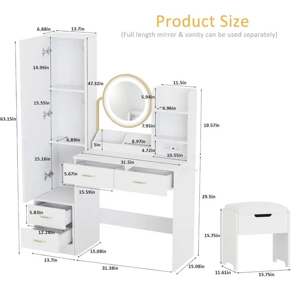 White Vanity Desk with Mirror and Lights Full Length Mirror, Vanity Mirror with Lights Desk and Chair & Charging Station