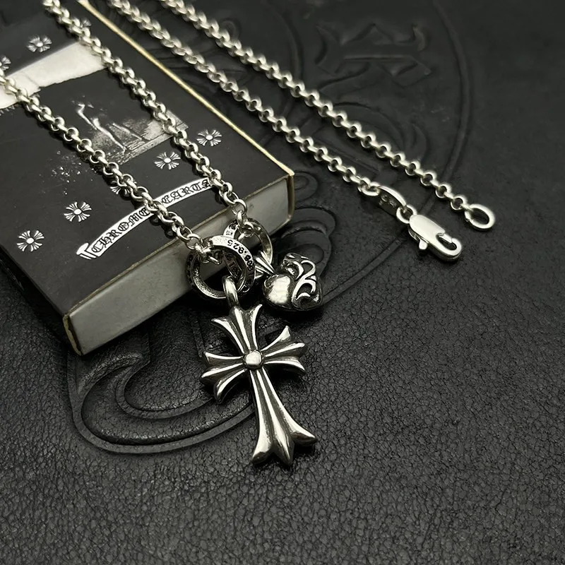 

Jewelry Cross Peach Heart Double Pendant Necklace Thai Silver Retro Premium Autumn and Winter Sweater Chain Niche