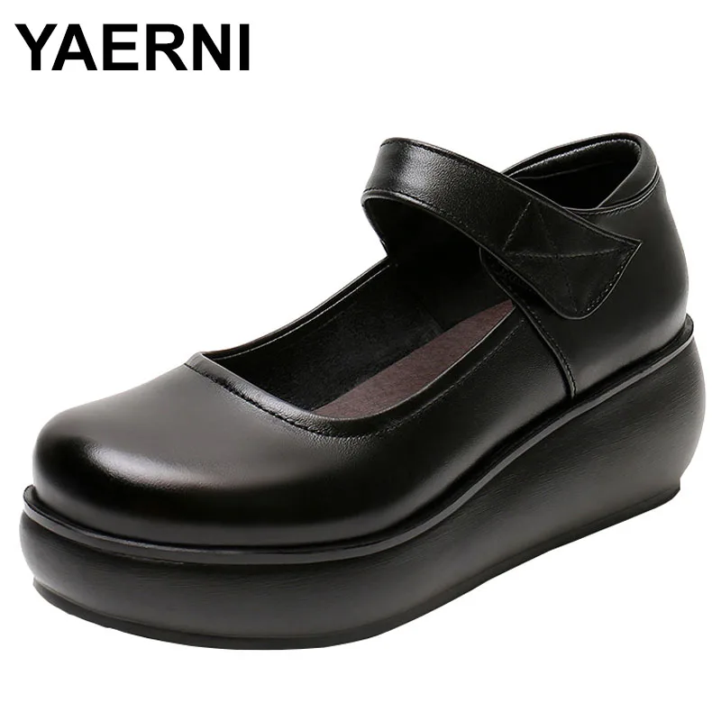 

Дышащая удобная обувь на танкетке с толстой подошвой 6 см, весенняя обувь из натуральной кожи, женские туфли на высоком каблуке для мамы