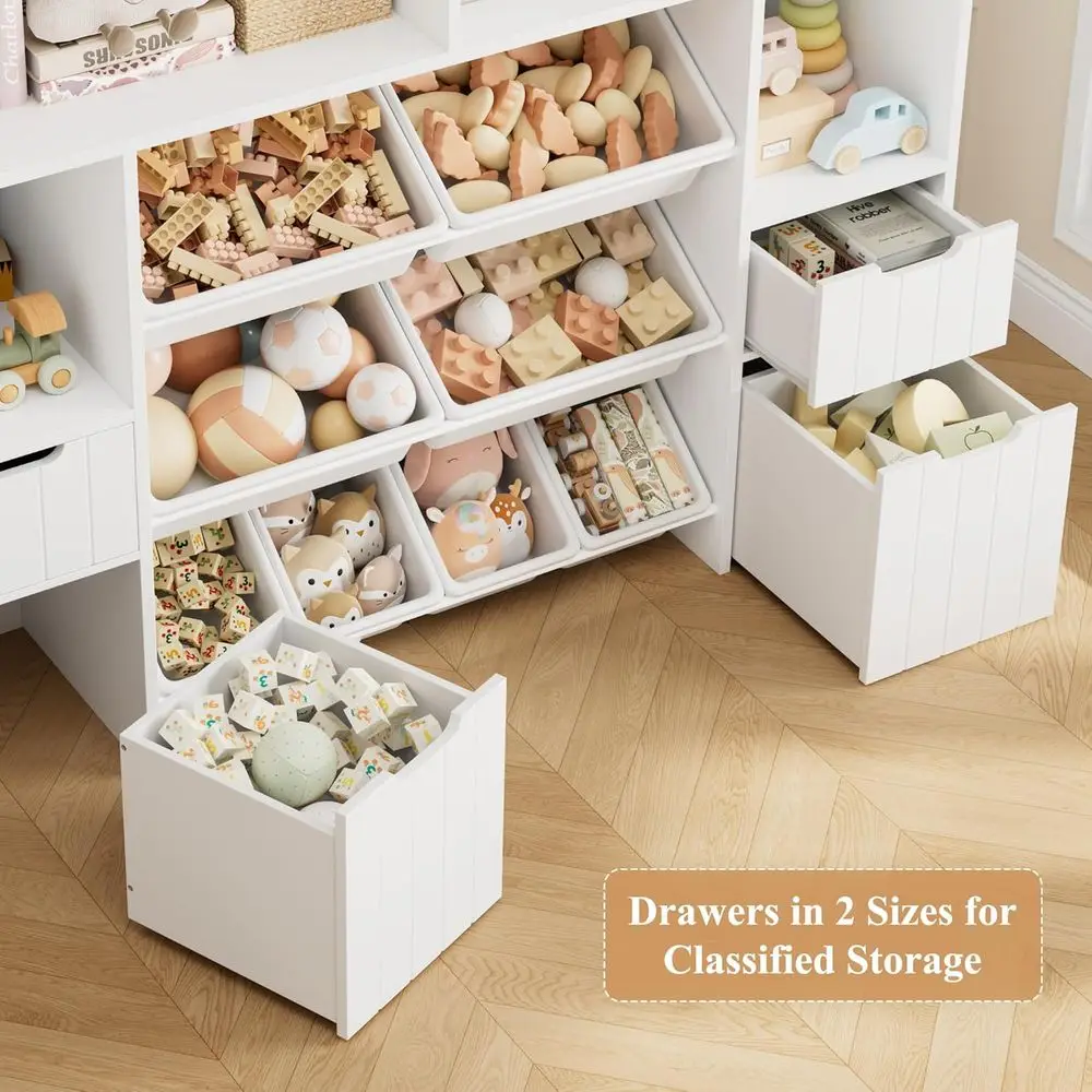 55 منظم تخزين ألعاب أبيض مع أدراج، صندوق ألعاب للأطفال مع صناديق قابلة للإزالة، رف كتب طويل للأولاد والبنات، غرفة لعب حديثة #5