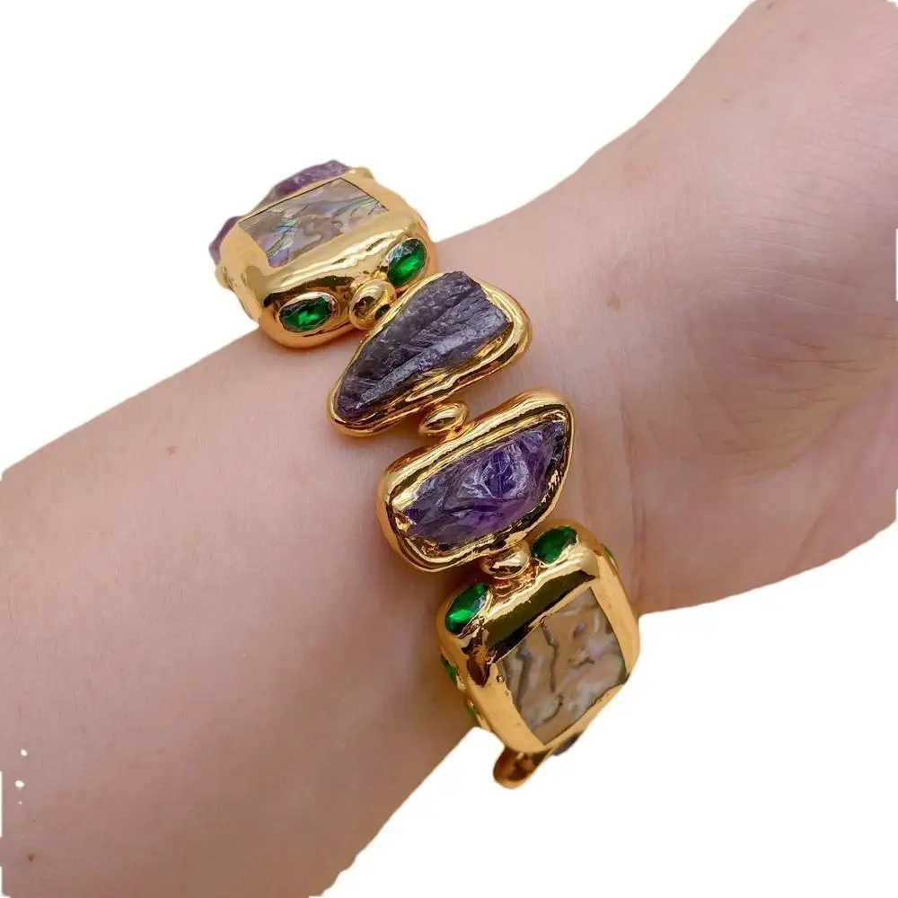 yygem 14x23mm natural Purple Amethyst Rough 21x28mm rectangle shape Rainbow Abalone Shell Crystal PaveBracelet 8