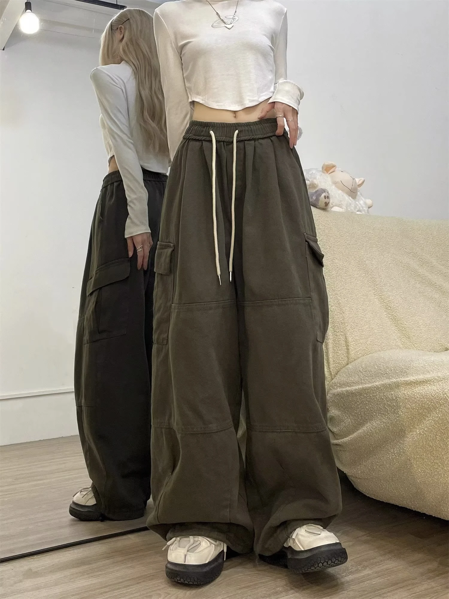 Cargo Pants Women Solid Color Japanese Loose Thin Straight Wide-leg High Waist Trousers High Street Basics Casual Pants Female