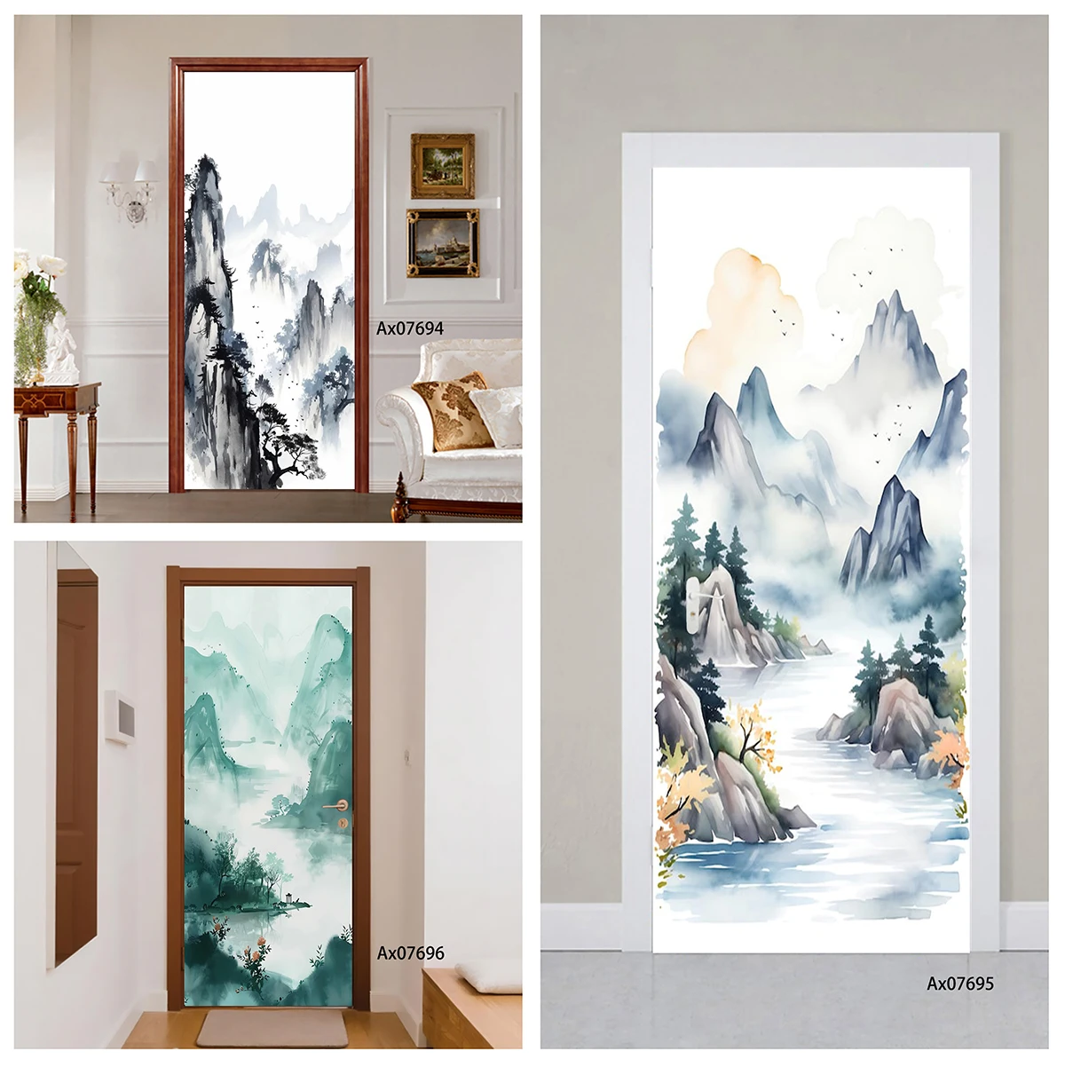 Door Decal Waterproof Removable Ink Misty Peaks Oriental Painting Wall Sticker Home Interior Entry Door Wall Decor Self Adhesive
