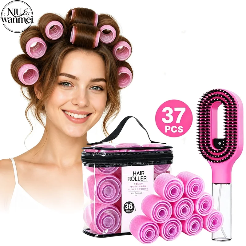 37Pcs Heatless Self Grip Hair Rollers Set No Heat Hair Curlers With Spray Styling Brush Storage Bag DIY Natural Volume Curls Hair Styling Tools For All Hair Types