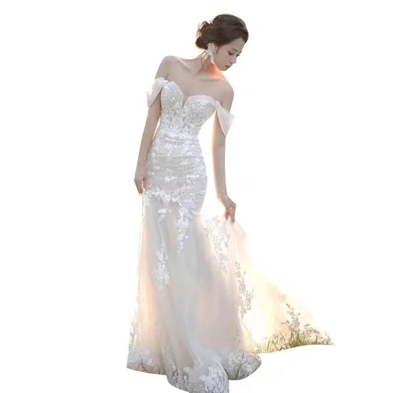 Vestidos de novia de sirena con hombros descubiertos para mujer, vestidos de novia elegantes con apliques de encaje, vestidos de princesa de tren de corte, nuevo