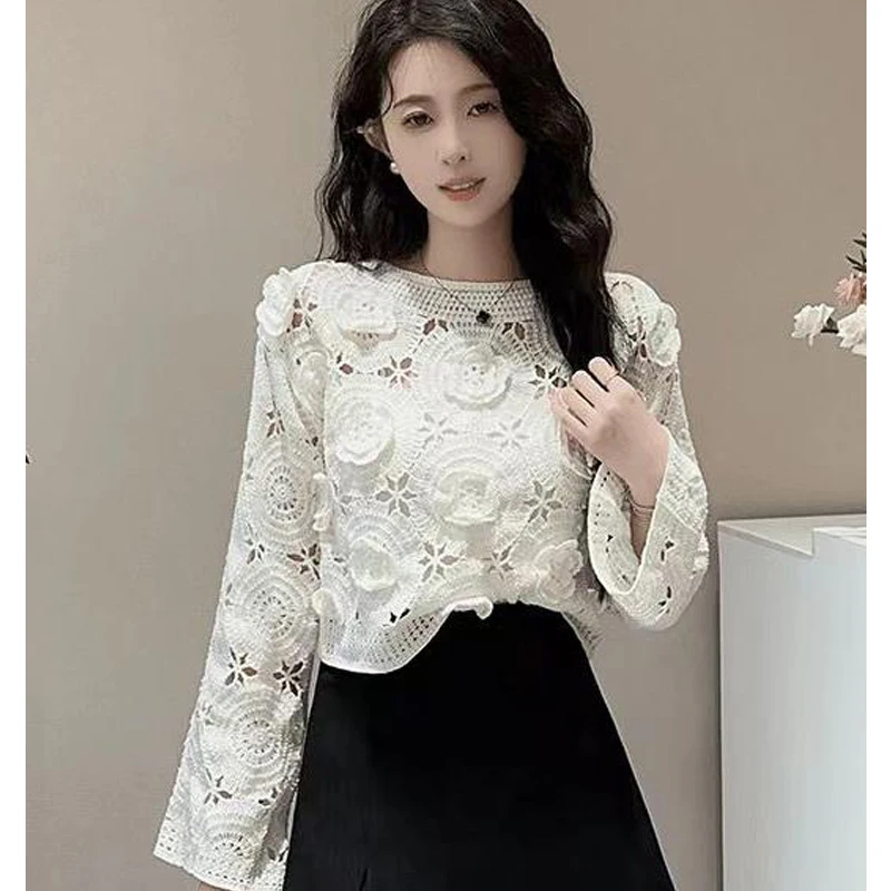 

Весна-лето 2026: Женская вязаная блузка с 3D-цветами и ажурным узором, с длинным рукавом, круглым вырезом, повседневный пуловер