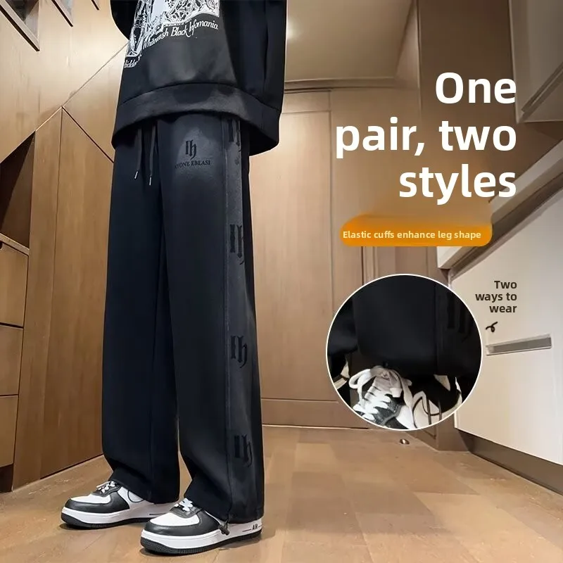 

Мужские зимние повседневные брюки с широкими штанинами на подкладке и прямым кроем, молодежные длинные брюки с завязками и манжетами