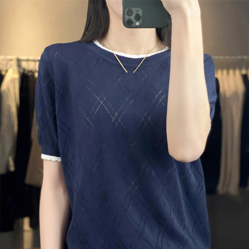 Women O-Neck Short Sleeve Knitted Sweater Shirt Hollow Out Geometric Pullover Tops Solid Slim Cotton Blouse Clothing Female