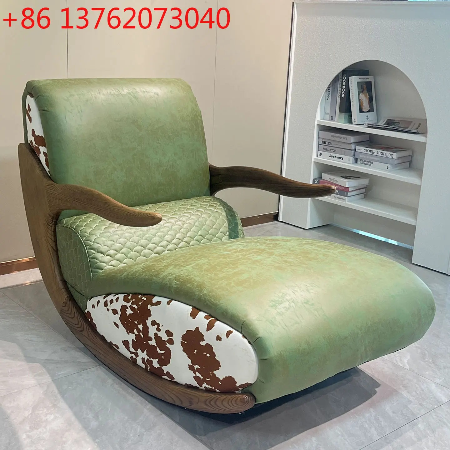 

Medieval style solid wood armrest rocking chair home living room sofa oil wax leather single recliner