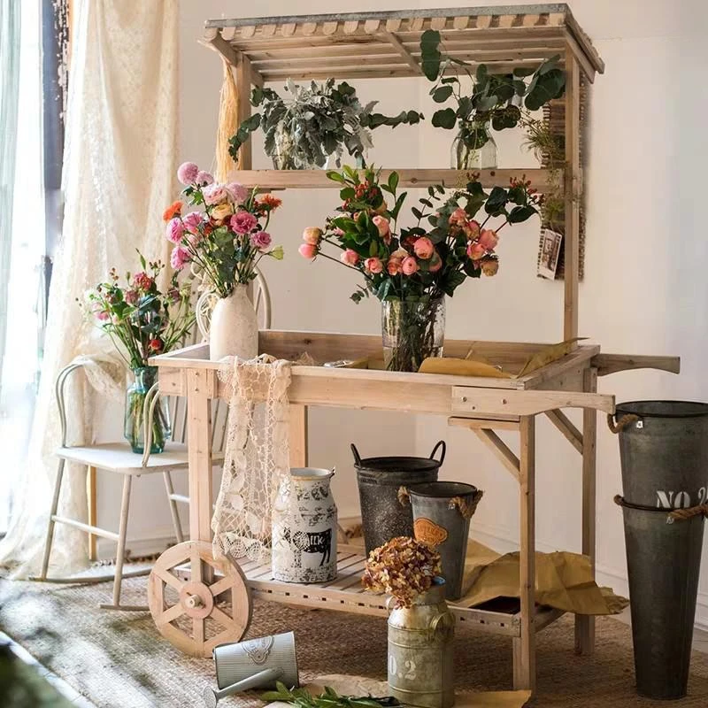 Rural And Pastoral Large Solid Wood Float Flower Rack Storage Rack Flower Shop Decoration Display Rack Multifunctional Mobile