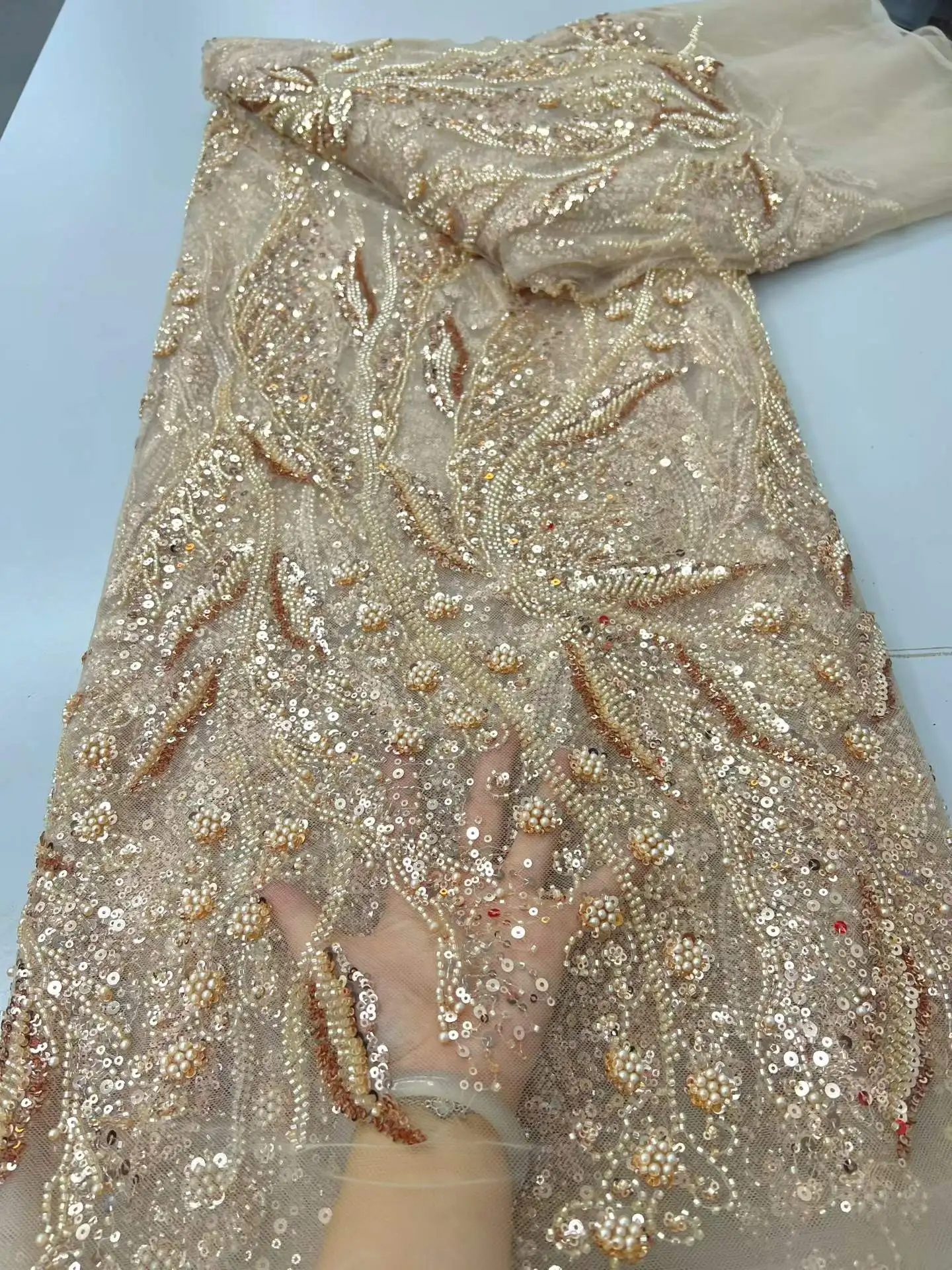 

Luxury African Beads Lace Fabric 2026 High Quality Lace French Nigerian Groom Sequins Lace Fabrics For Wedding Party Dress Sew
