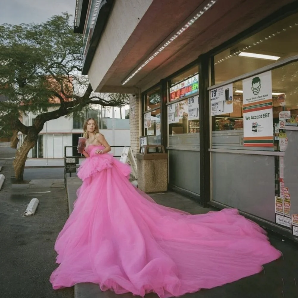 Sweetheart Pink Prom Dresses Strapless Tulle High-low Evening Dress  فستان حفلات الزفاف Long Tail Formal Occasions Party Dress