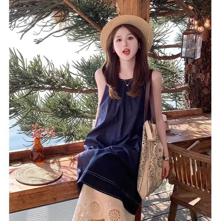 한국 복고풍 가짜 투피스 스플 라이스 여성 여름 느슨한 민소매 대비 색상 오버 니 드레스