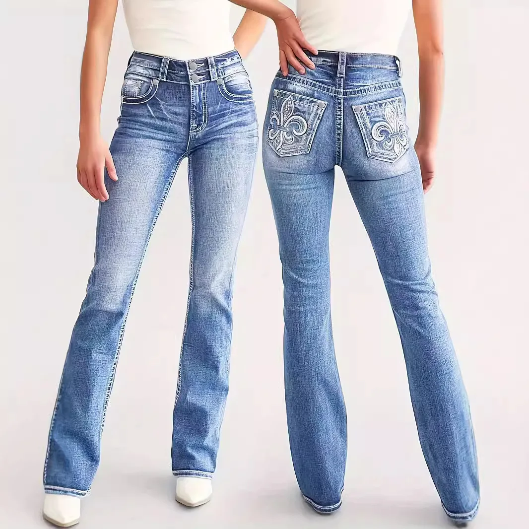 

Women Straight Jeans Full Length Jean High Waist Vintage Loose Fit Pockets Embroidery Distressed Washed Trousers Zipper Fly