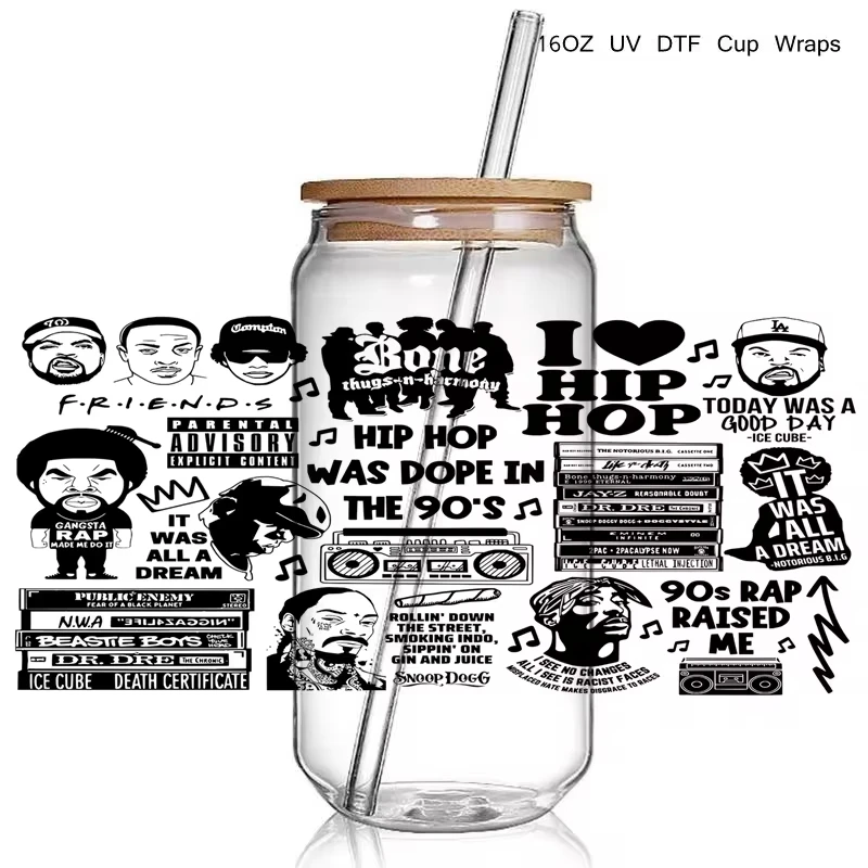 4 + موضة المطربين 90S الراب Uv Dtf كأس يلتف نقل ملصق لتقوم بها بنفسك الهيب هوب أسطورة الأشعة فوق البنفسجية كوب التفاف مقاوم للماء ل 16 أوقية أكواب زجاجية #4