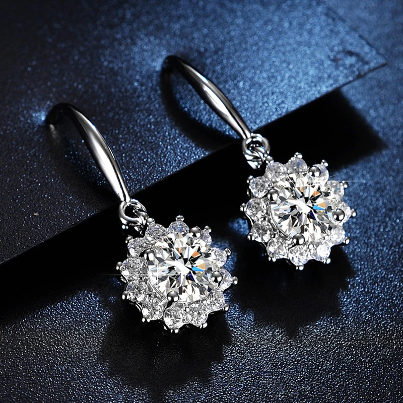 New Fashion Fine 925 Sterling Silver Round Zircon Sunflower Drop Earrings Women Wedding Jewelry Snowflake Crystal Hook Eardrop