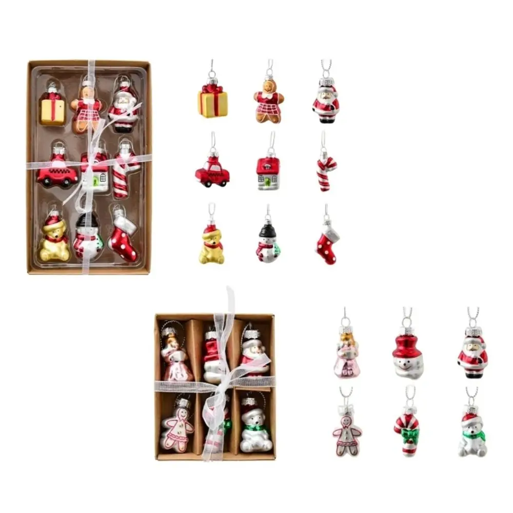 6/9pcs Glass Xmas Tree Ornaments Santa Claus Gifts Car and House Navidas Atmosphere Decor Snowman Christmas Tree Charm