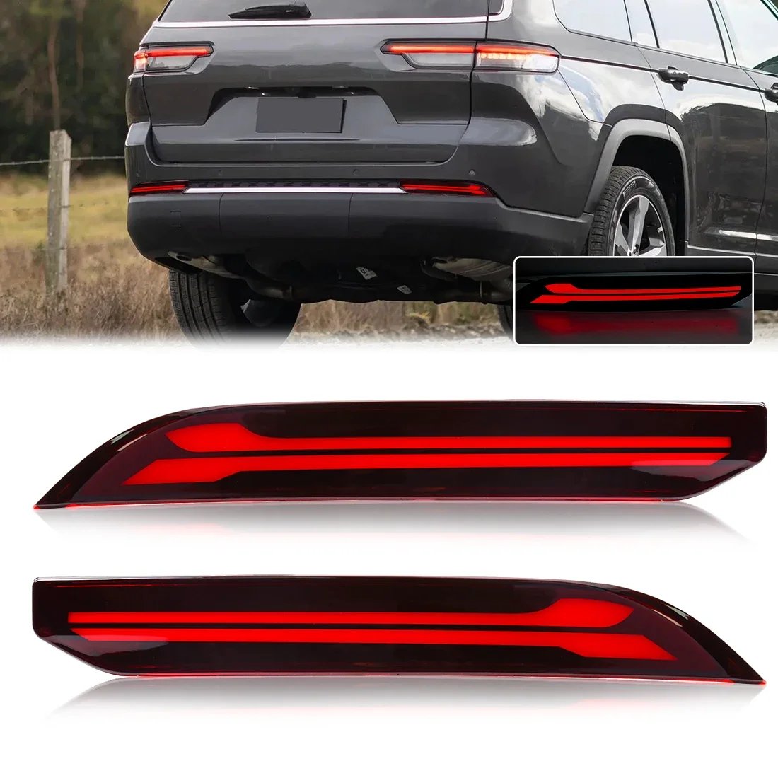 

For Jeep Grand Cherokee 2021 2022 2023 2024 Car LED Rear Bumper Reflector Lights Rear Sequential Turn Signal Brake Lamps 12V