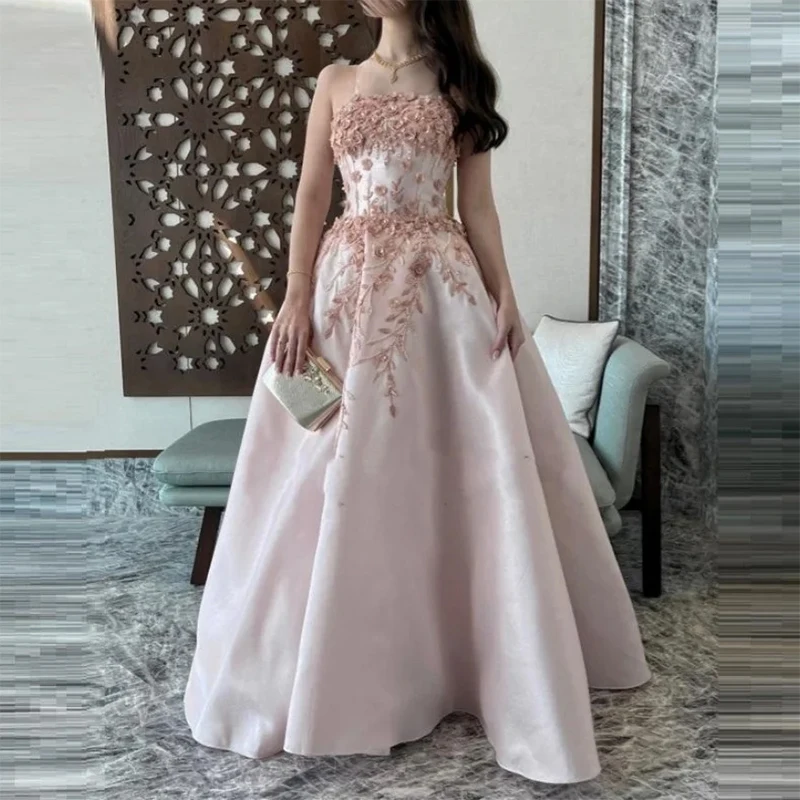 

Luxury Pink Strapless Formal Evening Dresses 3D Flower Applique A-Line Birthday Party Prom Gowns Customized abendkleider