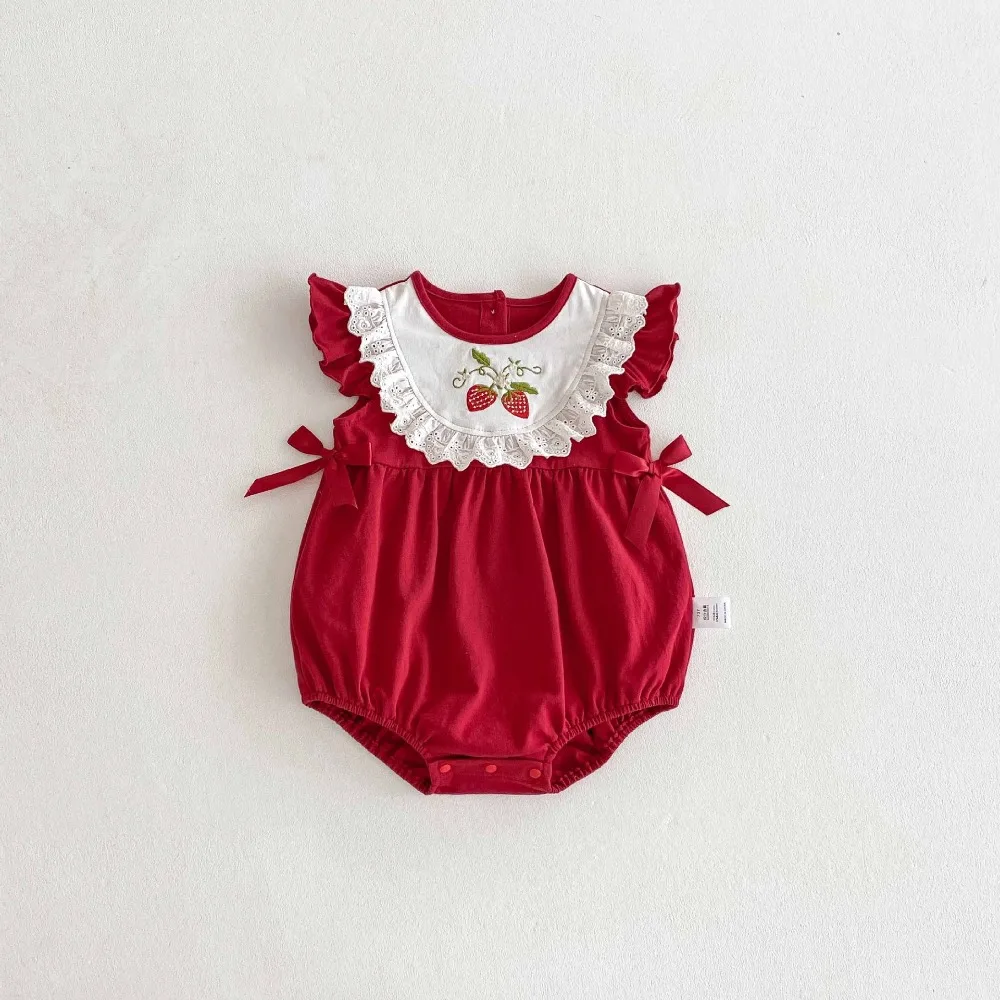 Sweet Baby Girl Romper 0-2Years Newborn Princess Sleeveless O-Neck Strawberry Embroidery Cotton Bodysuit Outfits Summer Clothes