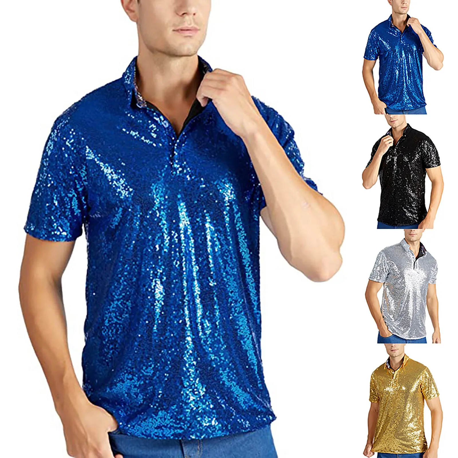 Polos à paillettes pour hommes, manches courtes décontractées, hauts colorés, hauts de soirée en boîte de nuit Chang, vêtements d\'affaires,