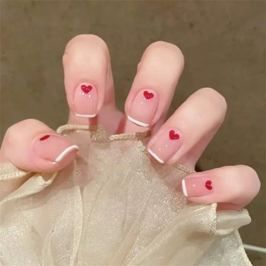 

24P/set French Flat False Nails Red Heart Pink Fake Nail Artificial Acrylic Press On Nails Art Removable Nail Supplies Coverage