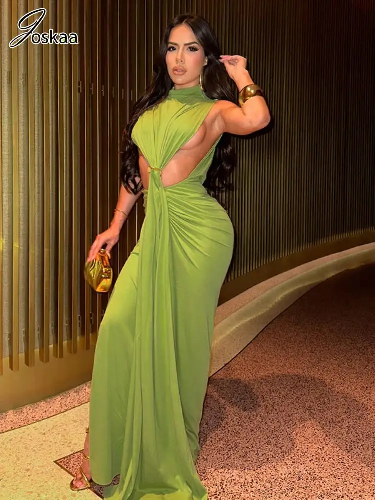 Joskaa เดรสแขนกุดคอปกสูงแบบผ่าข้าง, เดรสแม็กซี่บอดี้คอนแต่งระบายสำหรับผู้หญิงชุดเที่ยวกลางคืนวันเกิดตอนเย็น