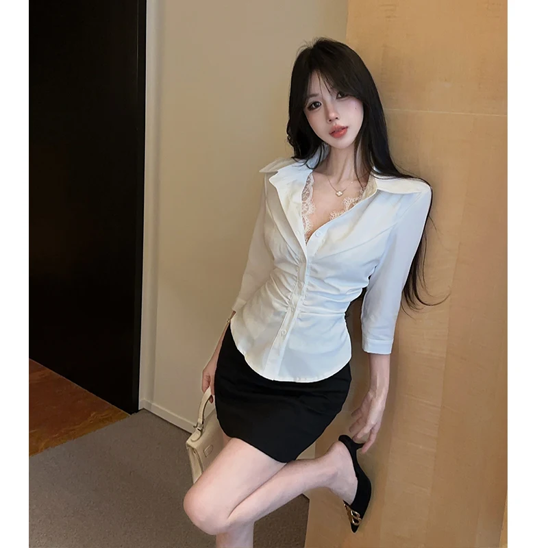 Pure Desire Sexy Lace White Mid-Sleeve Shirt Women's Slim Fit Waist-Cinching Top And Skirt Set Autumn Fashion Casual Wear
